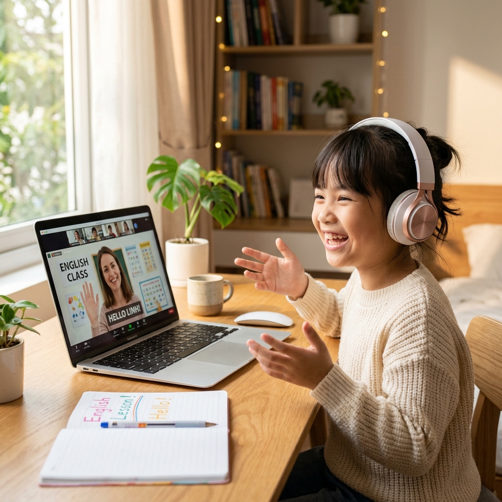 Bé học tiếng Anh cùng giáo viên