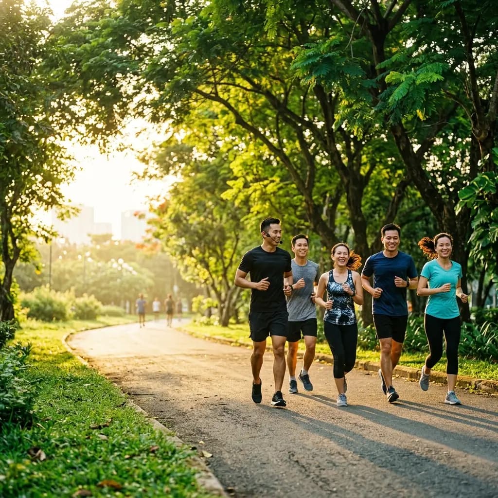 Nhóm người đi làm chạy bộ cùng huấn luyện viên trong công viên buổi sáng